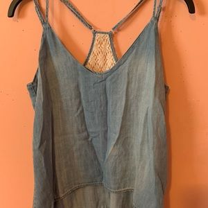 Spaghetti strap denim top with lace back
